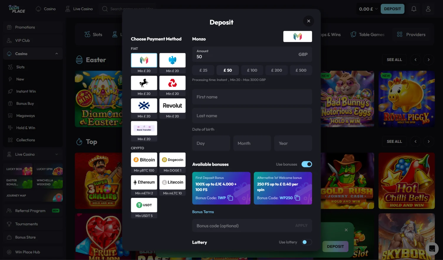 WinPlace Casino Deposit Methods