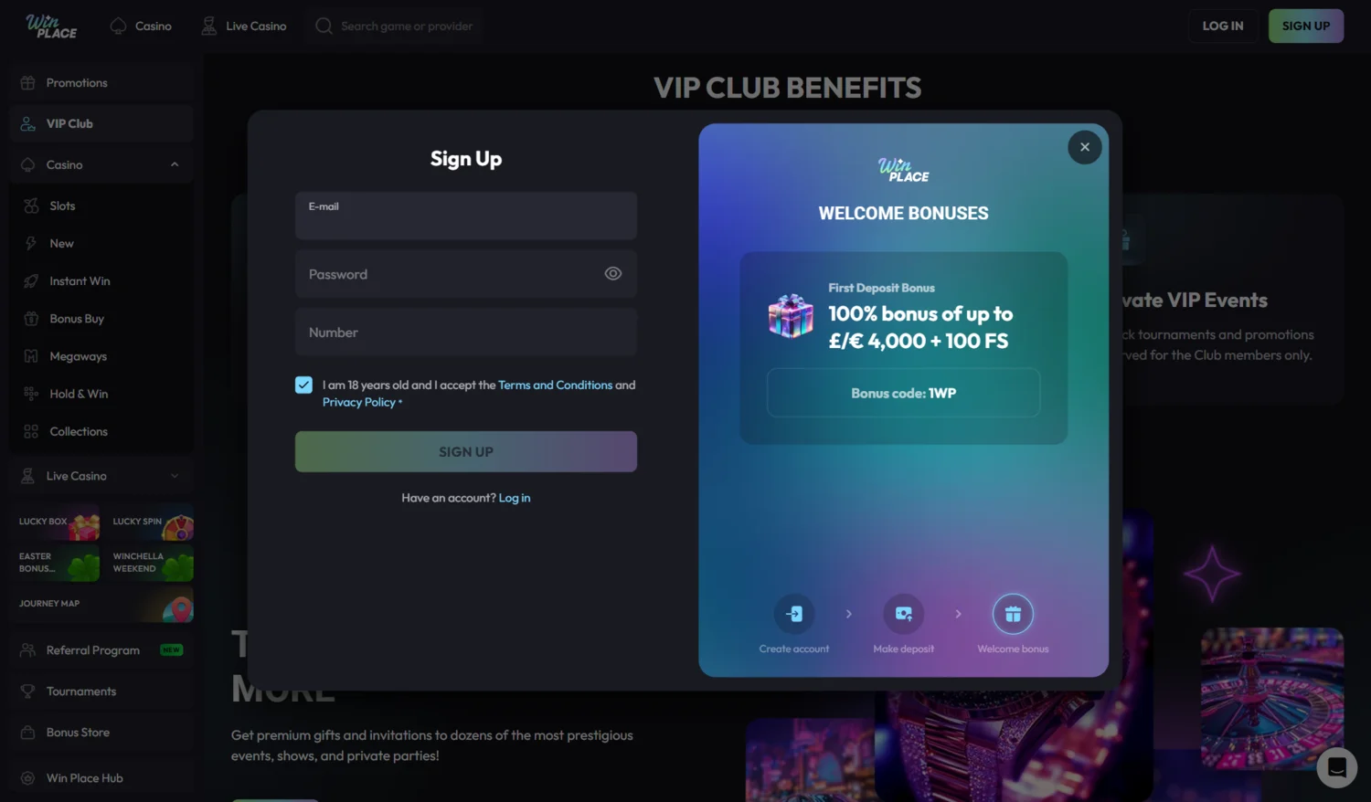 WinPlace Casino Sign Up and Login