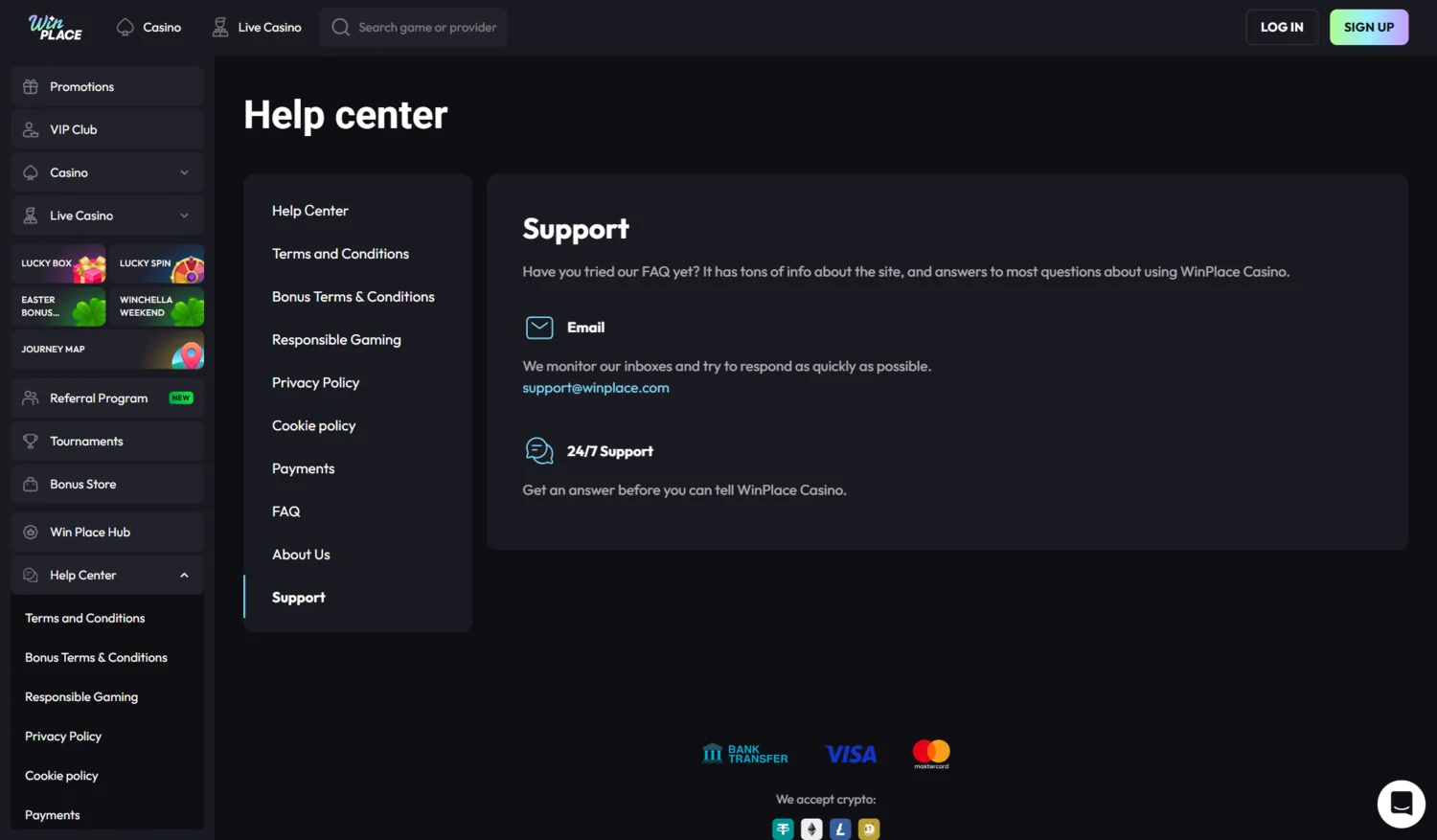 WinPlace Casino Customer Support